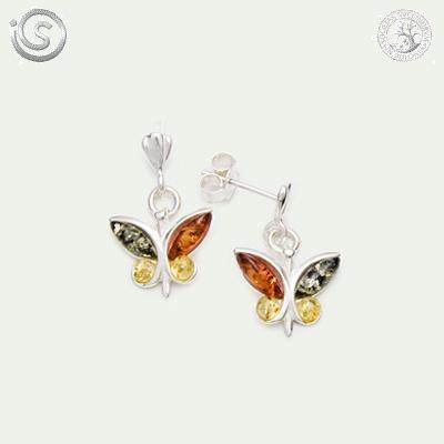 Boucles d'oreilles papillon en ambre multicolore sur argent 925.