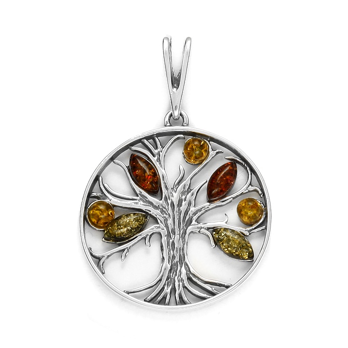 Pendentif arbre de vie (Yggdrasil) ambre multicolore et argent 925/1000.