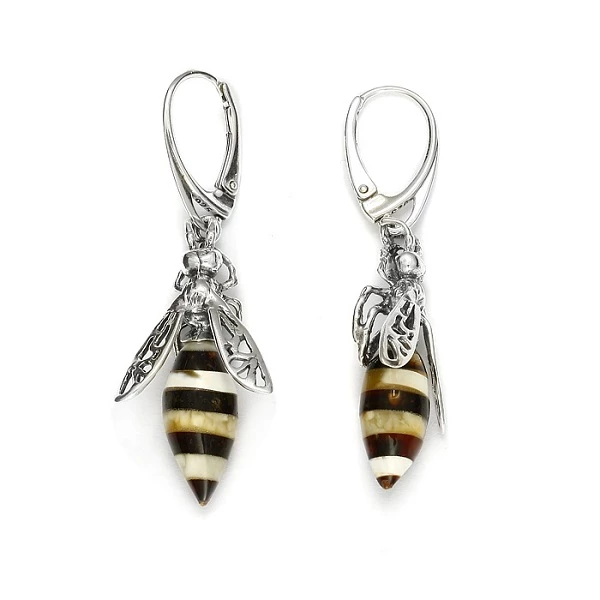 Boucles d'oreilles abeilles en ambre de la Baltique sur argent 925.
