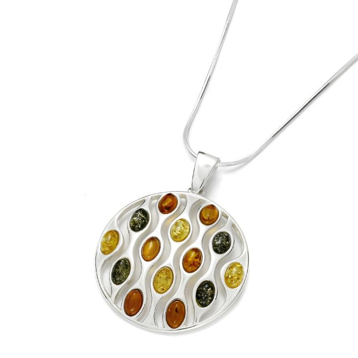 Magnifique collier en ambre multicolore monté sur argent rhodié  925/1000