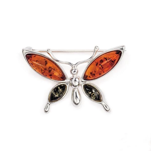 Magnifique  broche papillon en ambre multicolore et argent 925/1000