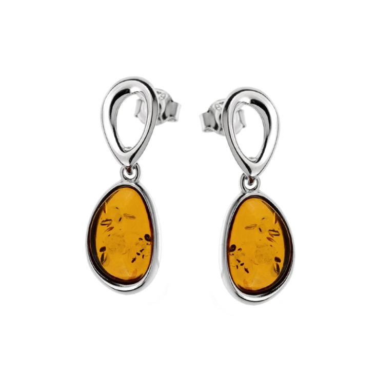 Boucles d'oreilles ambre cognac sur argent rhodié 925.
